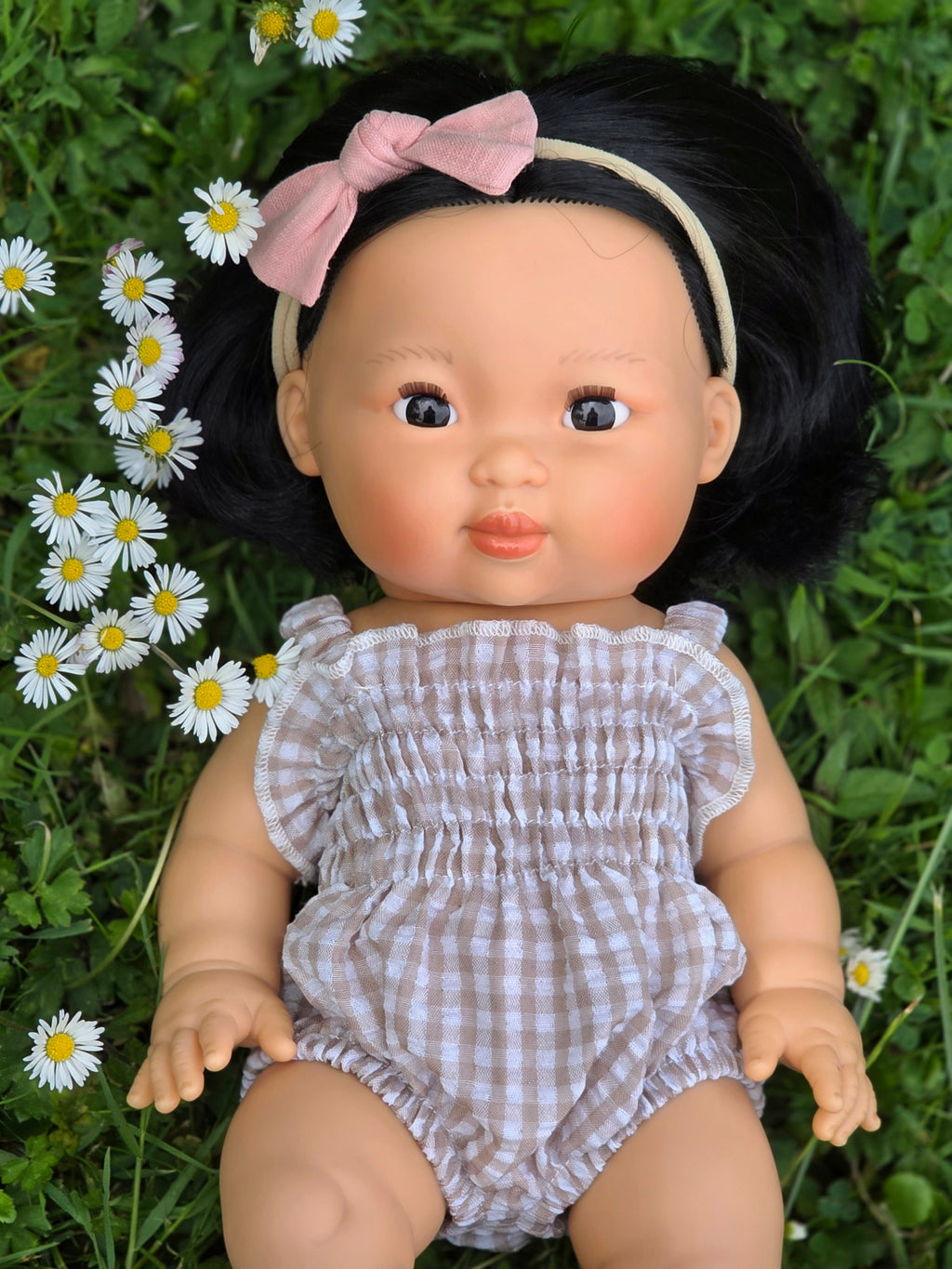 Agnes Smock Romper – Khaki Gingham