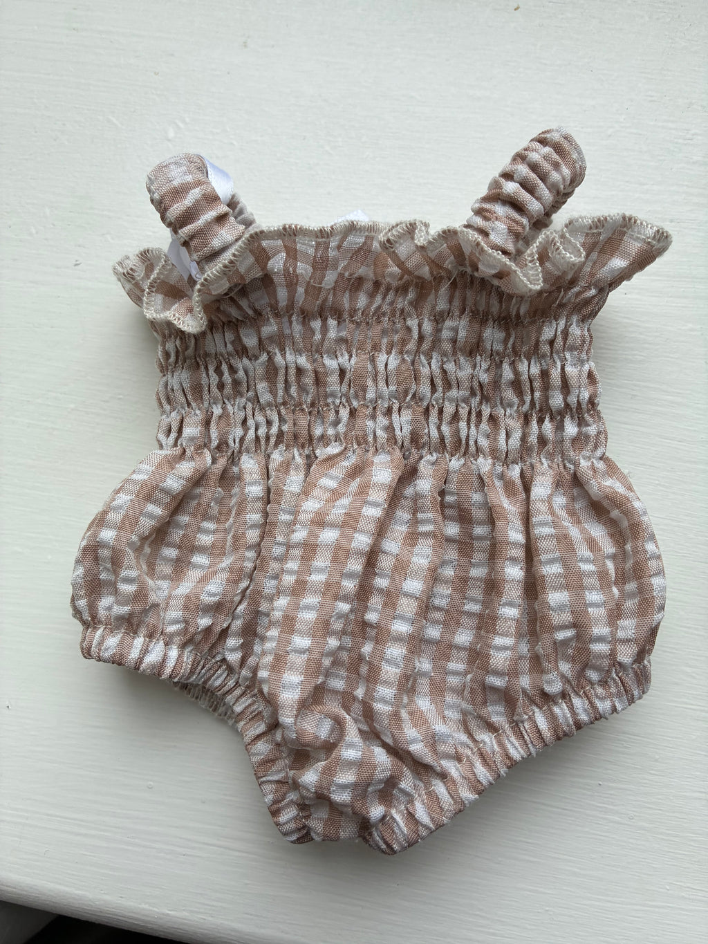 Agnes Smock Romper – Khaki Gingham