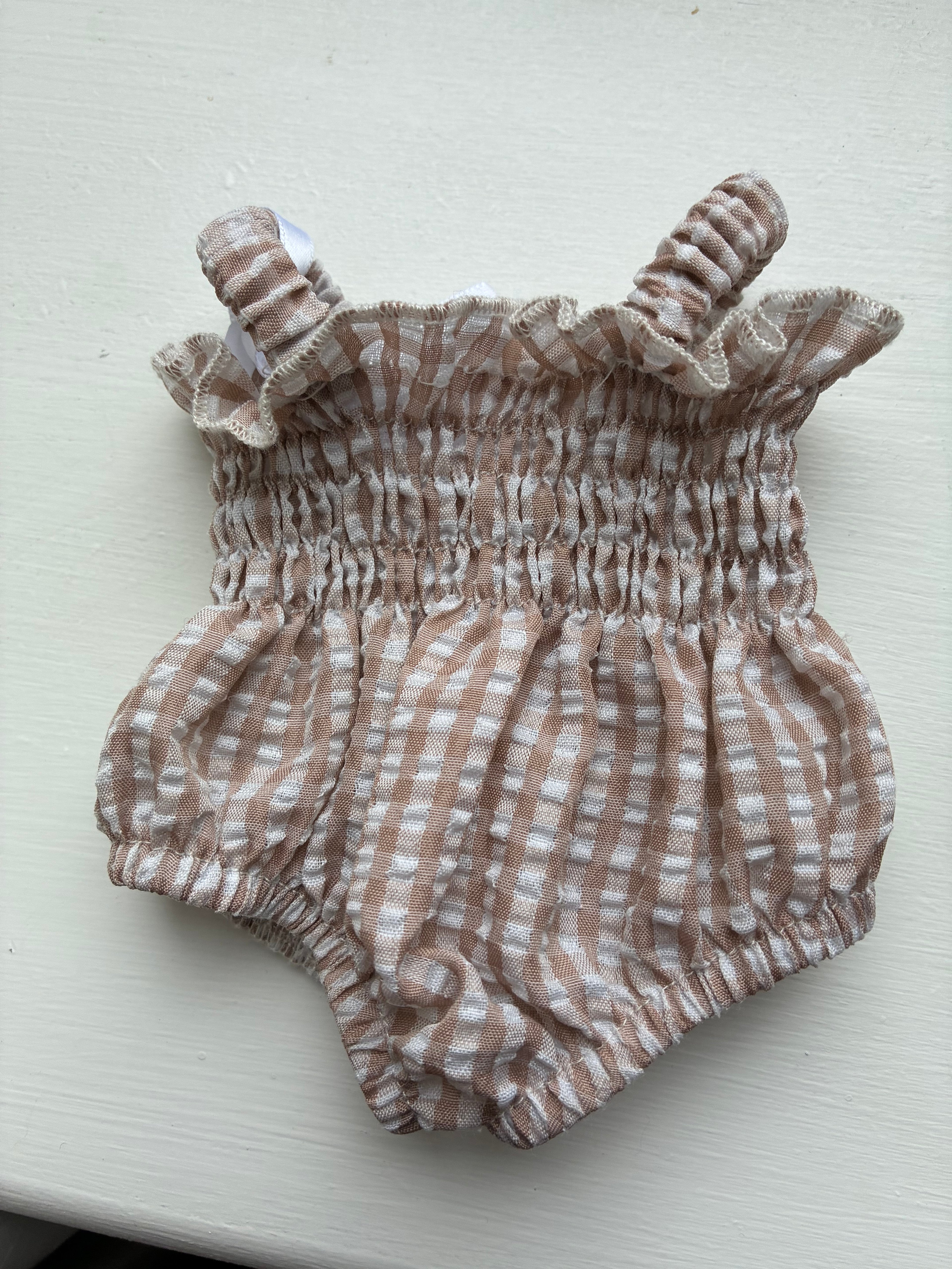 Agnes Smock Romper – Khaki Gingham